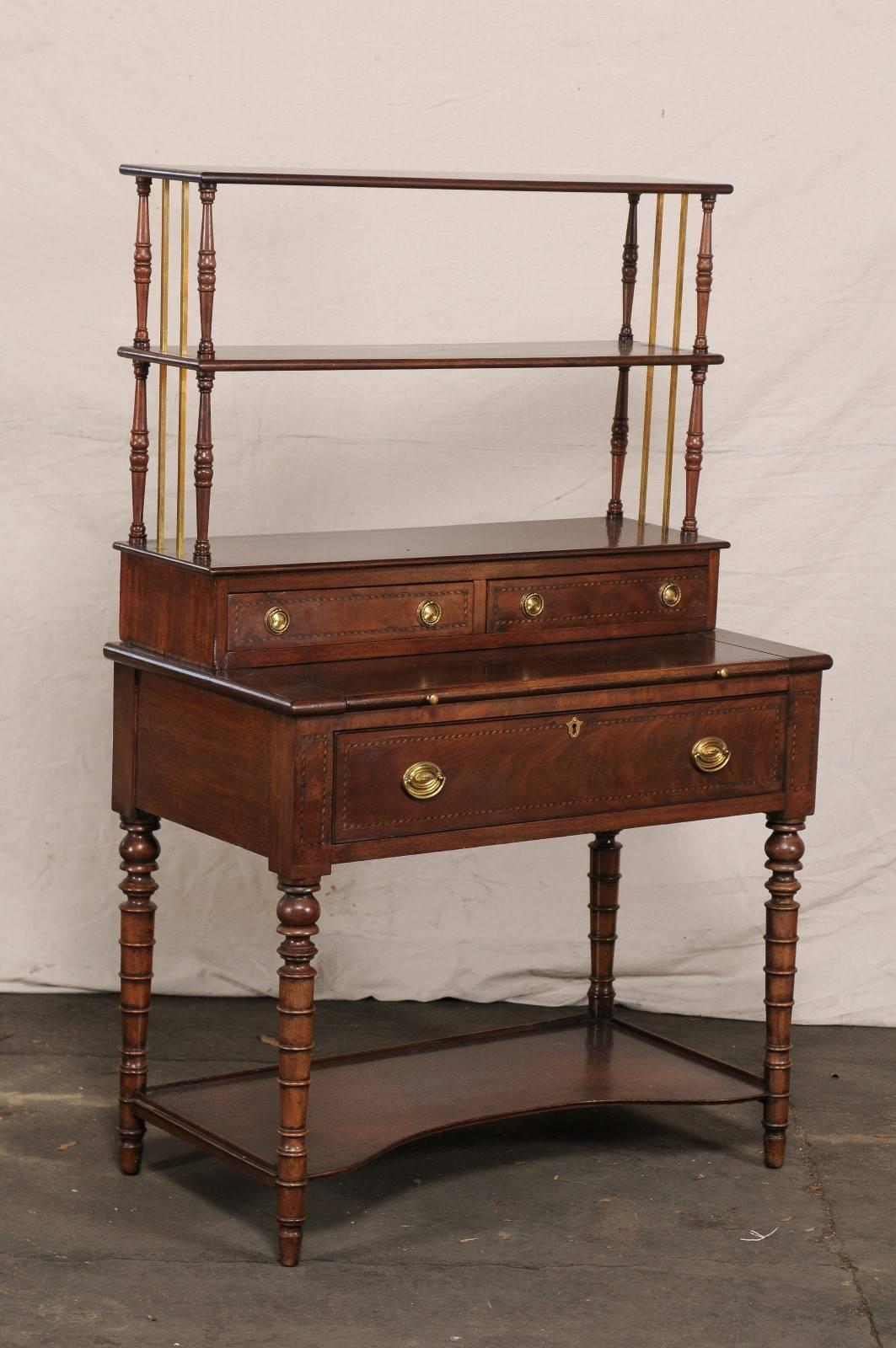 19th Century English Mahogany Book Secretary Desk Etagere w/ Turned Legs and Mechanical Writing Slide