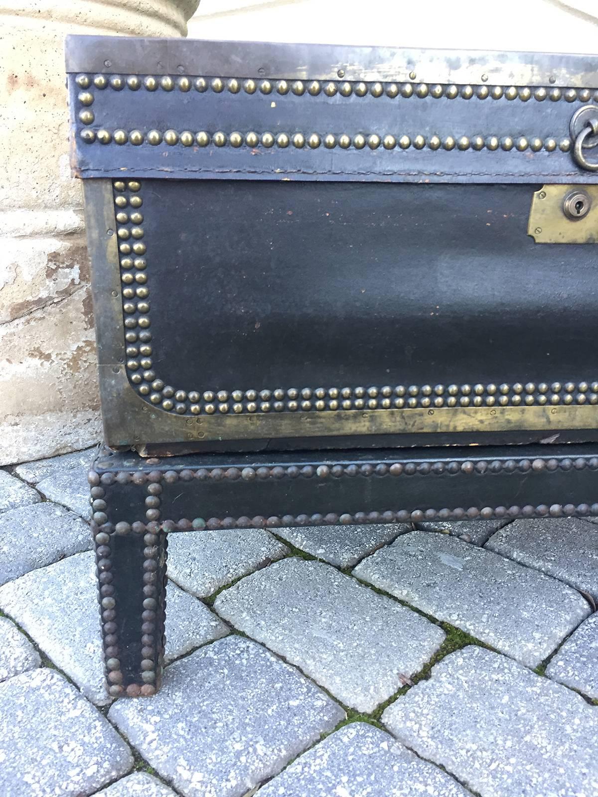 19th Century English Black Leather Trunk on Stand 3