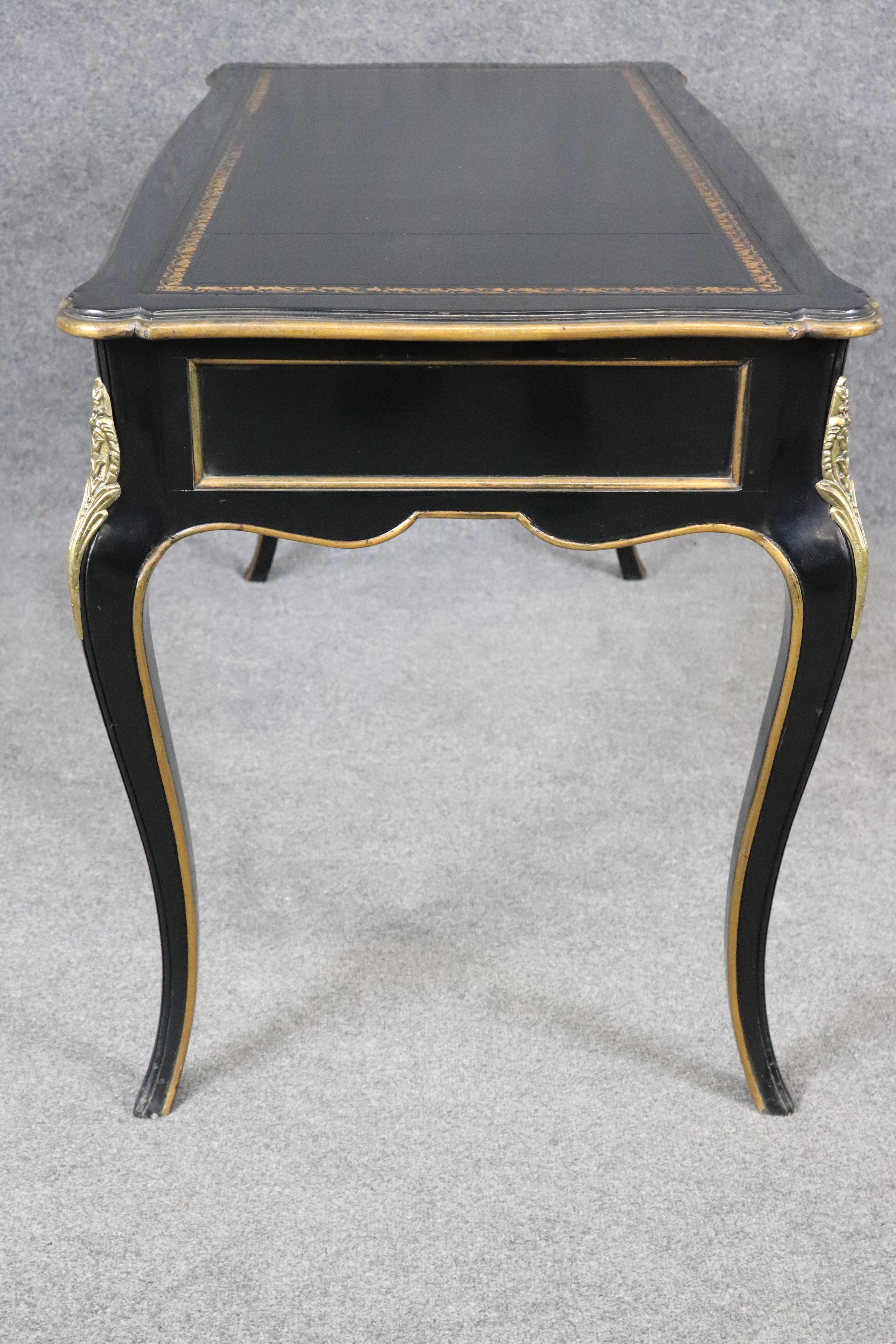 20th Century Baker Louis XV Style Black Ebonized Brass Mounted Leather Top Desk For Sale