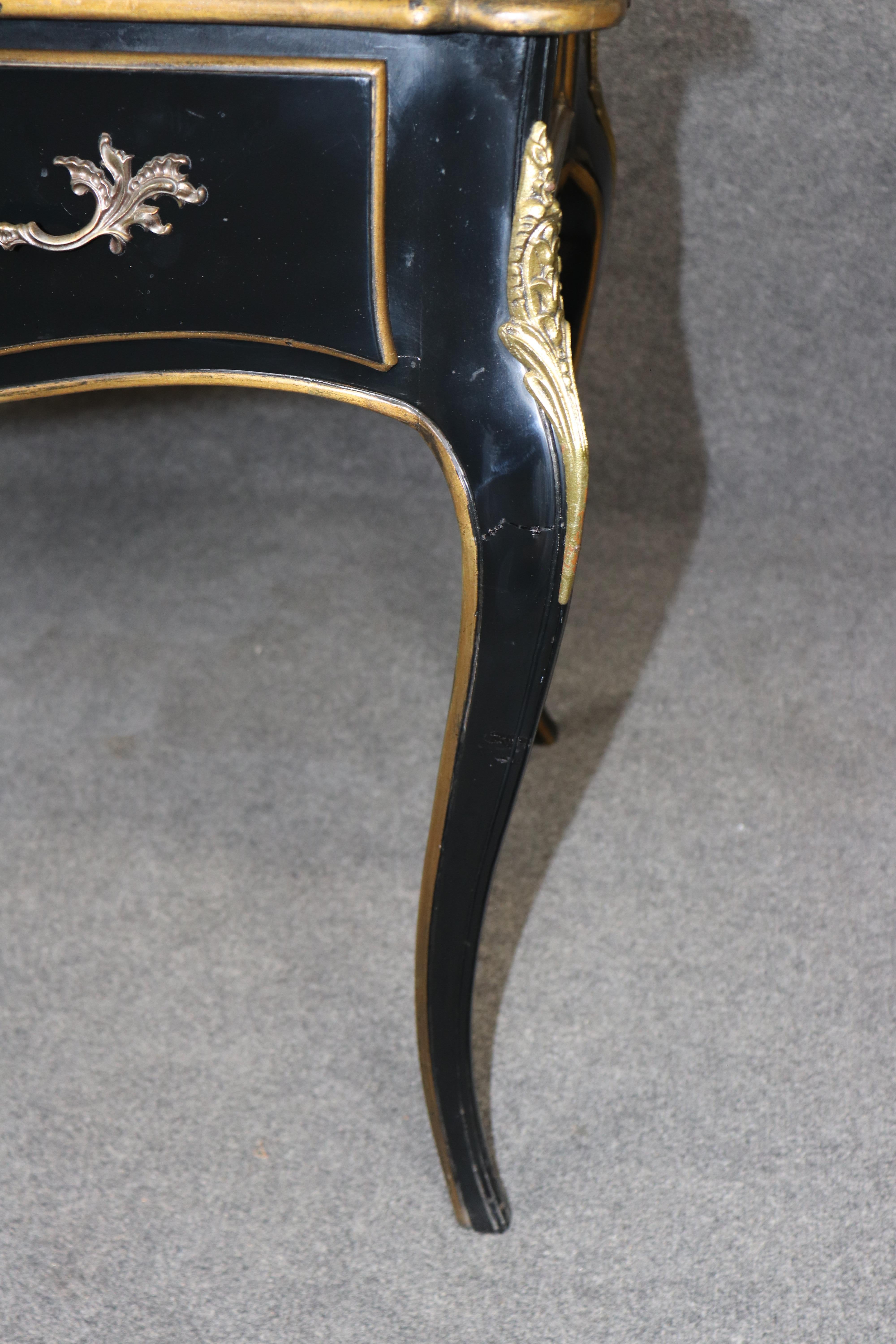 Baker Louis XV Style Black Ebonized Brass Mounted Leather Top Desk For Sale 4