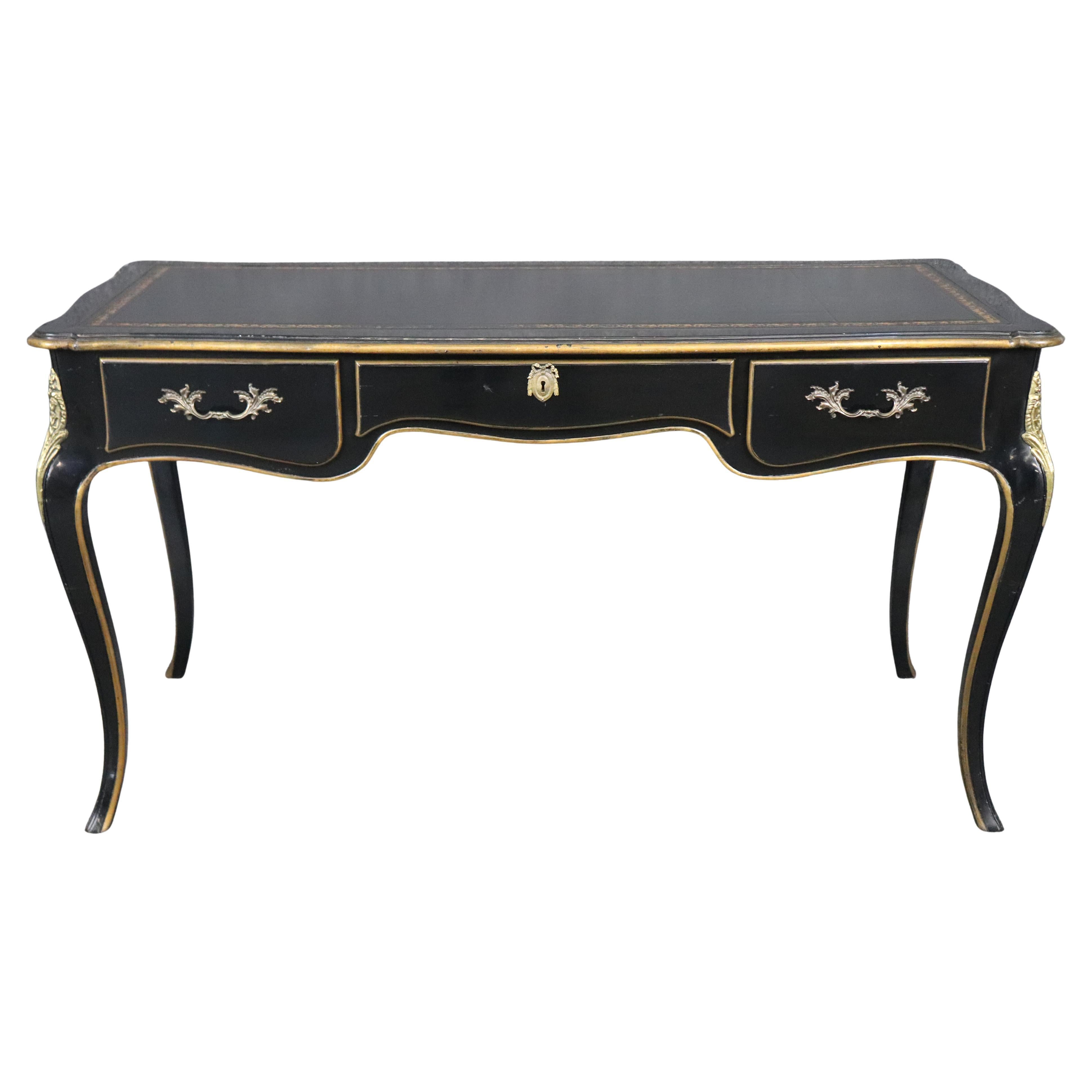 Baker Louis XV Style Black Ebonized Brass Mounted Leather Top Desk For Sale