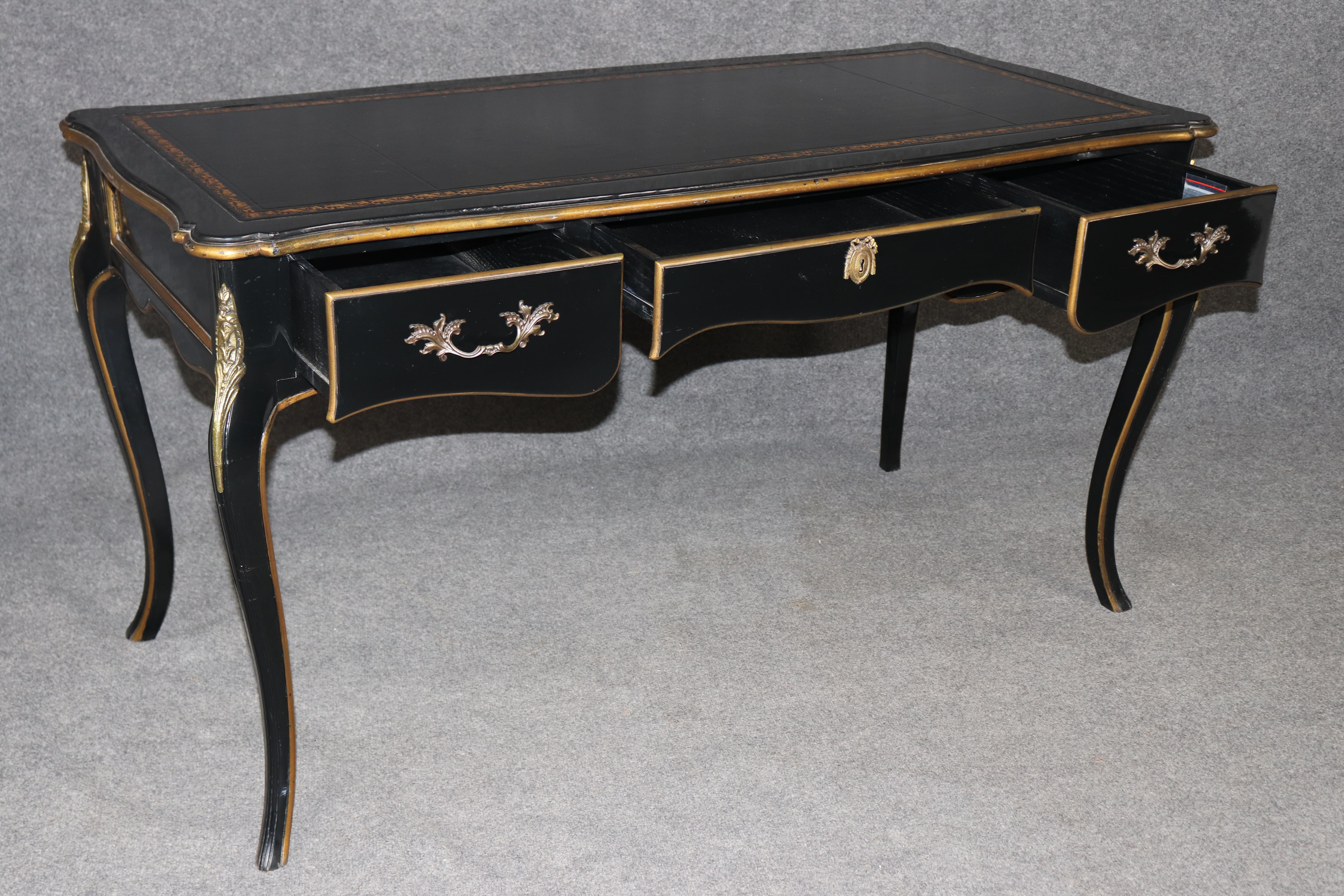Baker Louis XV Style Black Ebonized Brass Mounted Leather Top Desk For Sale 1