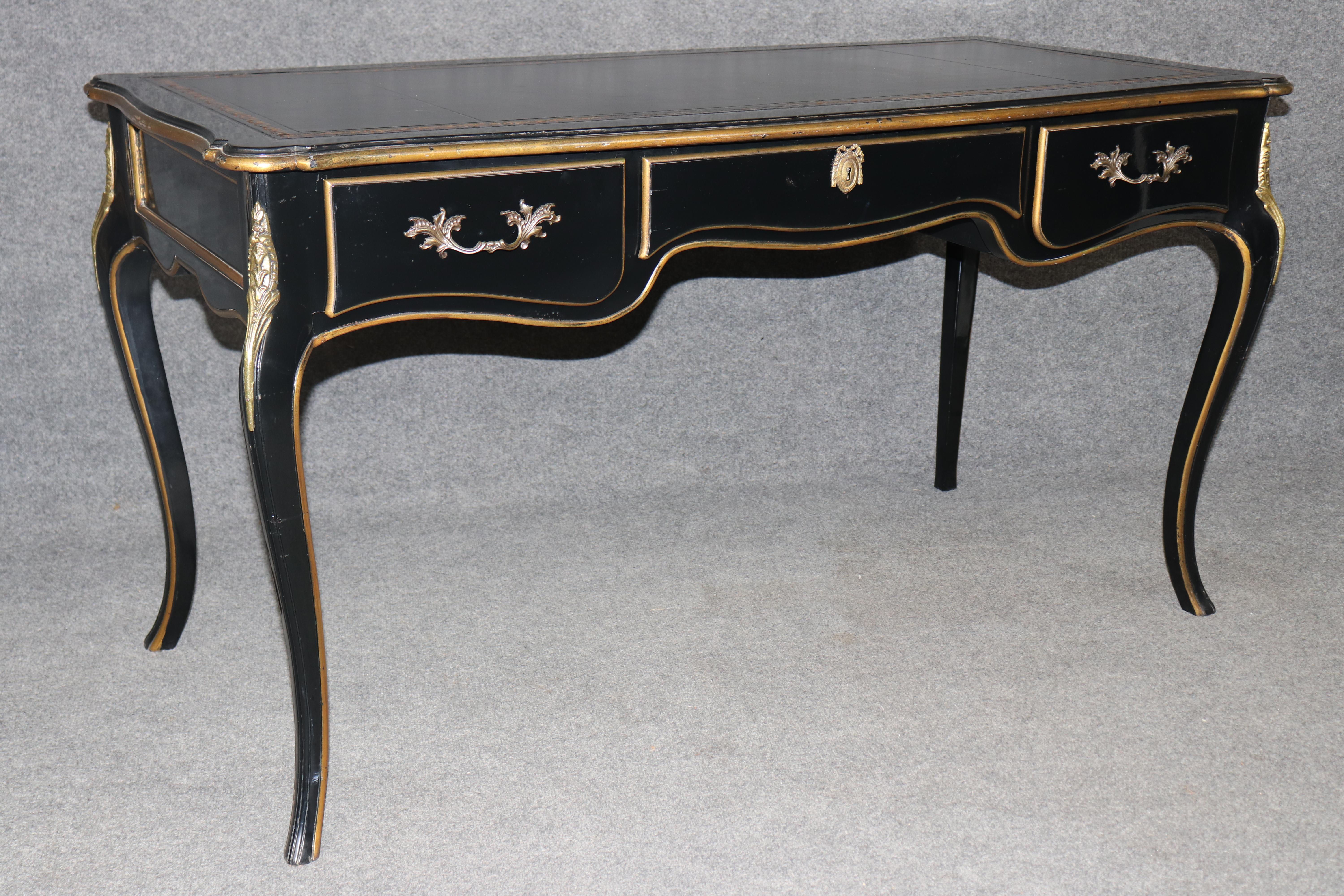 Unknown Baker Louis XV Style Black Ebonized Brass Mounted Leather Top Desk For Sale