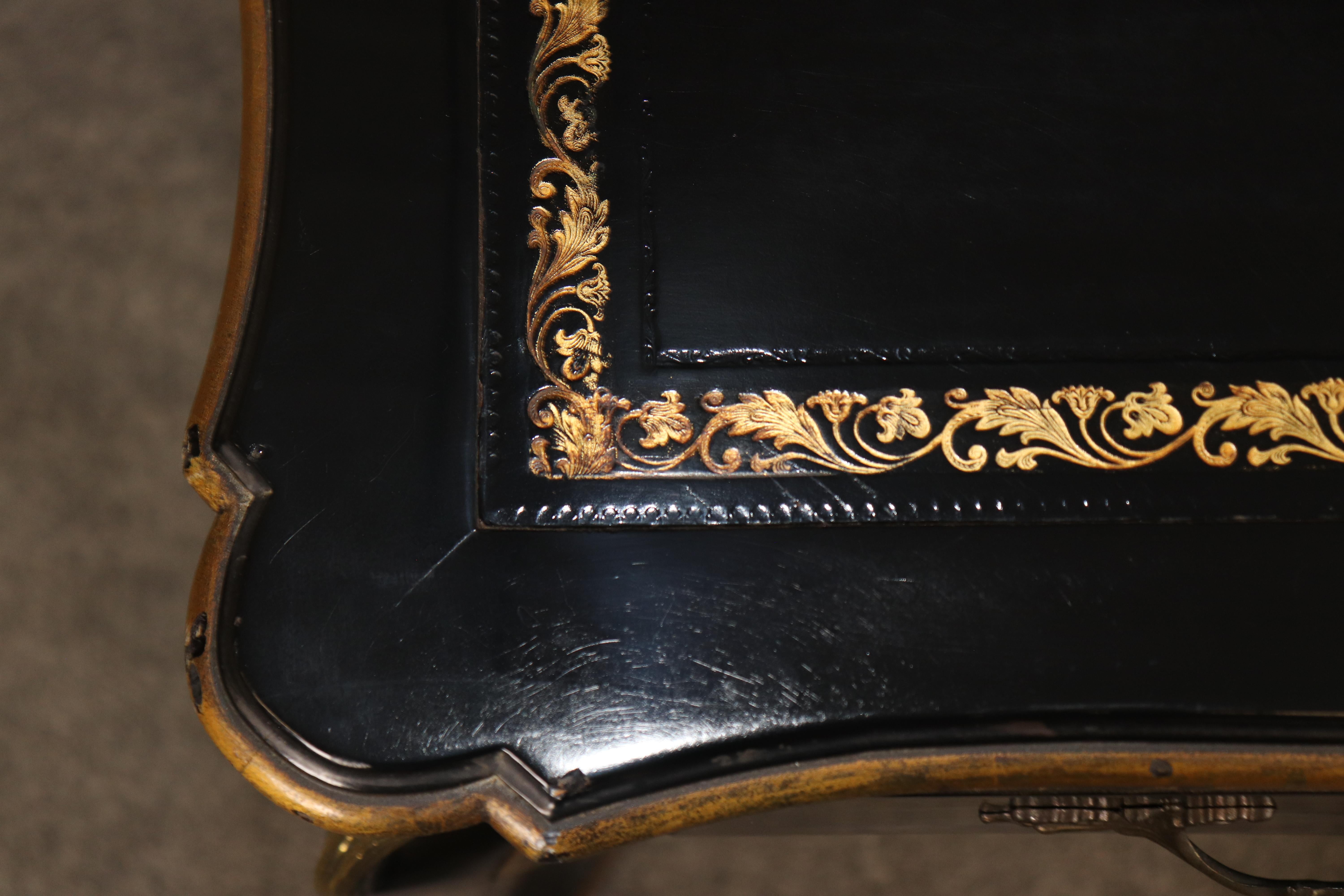 Baker Louis XV Style Black Ebonized Brass Mounted Leather Top Desk For Sale 3