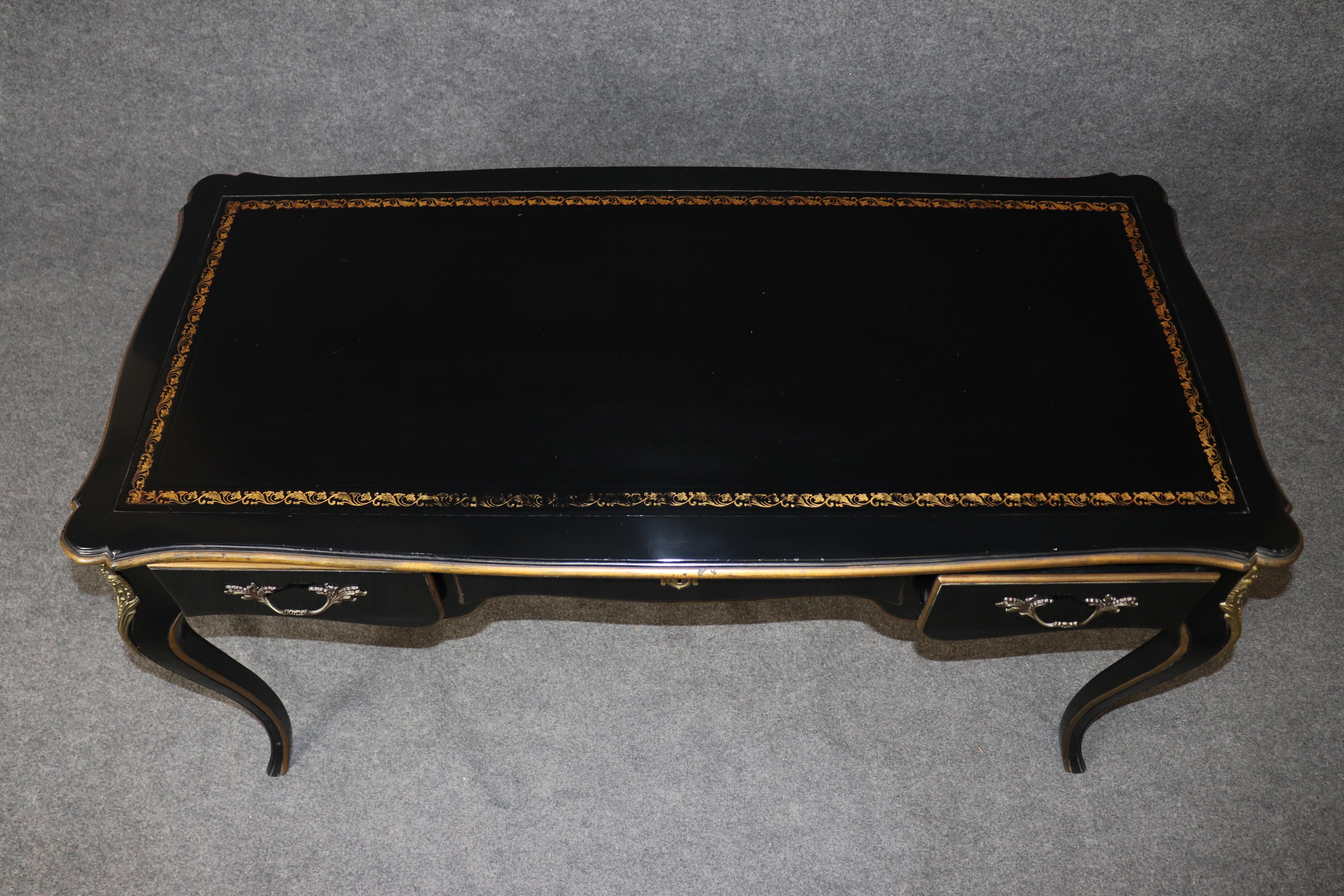 Baker Louis XV Style Black Ebonized Brass Mounted Leather Top Desk For Sale 2
