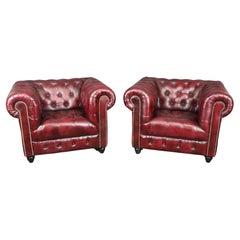 Pair of Vintage Burgundy Leather Tufted Chesterfield Style Club Chairs