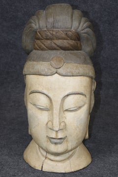 Vintage Oriental Style Hand Carved Paint Decorated Wood Sculpture of Guanyin