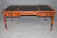 Palatial English Chippendale Style Carved Mahogany Leather Top Desk C. 1960's