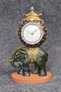 Orologio da tavolo in miniatura, antico, del XIX secolo, in bronzo e champlevé, con elefante, di fattura francese