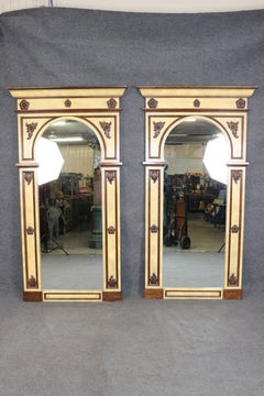 Palatial Pair of Vintage Louis XVI Style Paint Decorated Trumeau Floor Mirrors