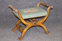 Antique Italian Venetian Style Creme Paint Decorated Needlepoint Bench