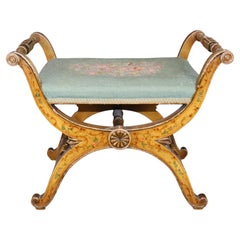 Antique Italian Venetian Style Creme Paint Decorated Needlepoint Bench