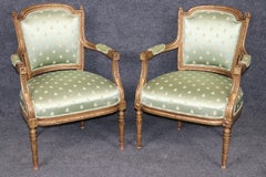 Pair of Antique French Louis XVI Style Gold Carved Armchairs C. 1920's