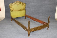 Pair of Antique Italian Venetian Paiont Decorated Green Twin Beds C. 1920's