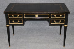French Louis XVI Style Ebonized Brass Mounted Leather Top Desk by Bodart