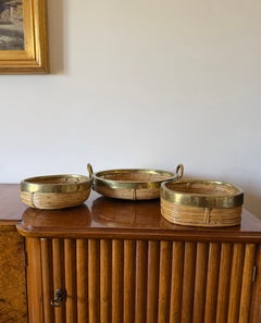Lot de 3 bols en laiton et osier datant du milieu du siècle dernier, Italie, vers 1970