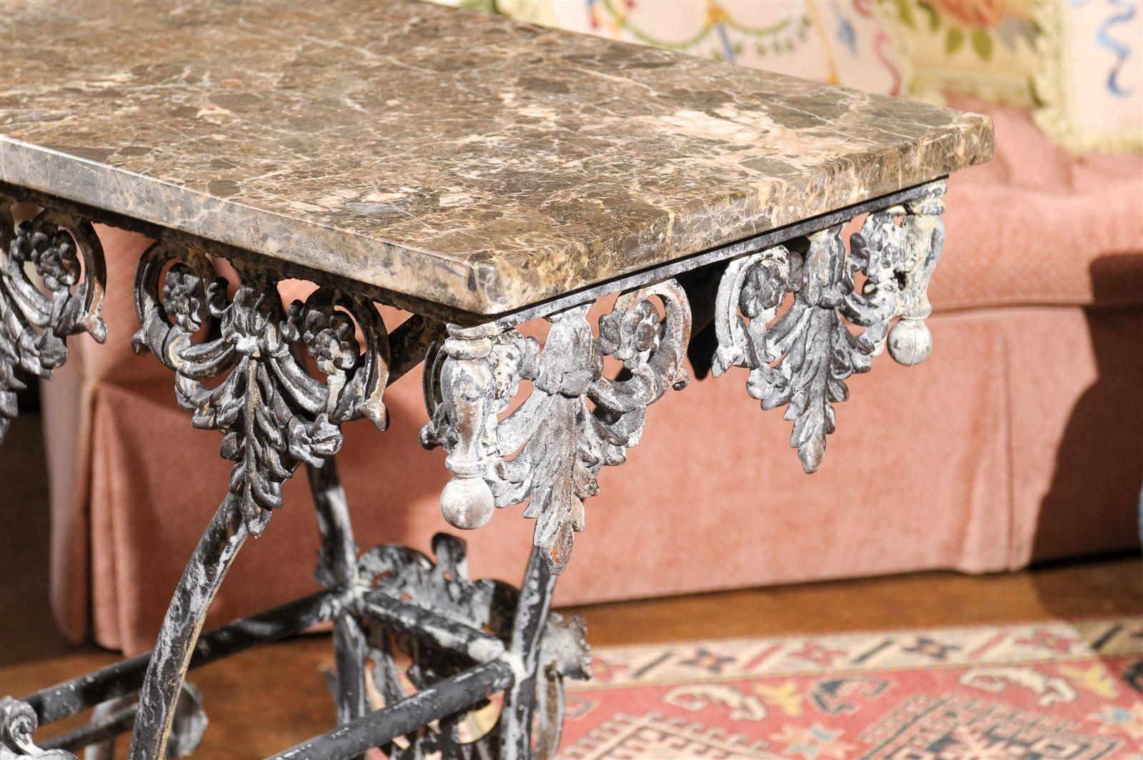 Contemporary French Style Pastry Table with Iron Base and Marble Top
