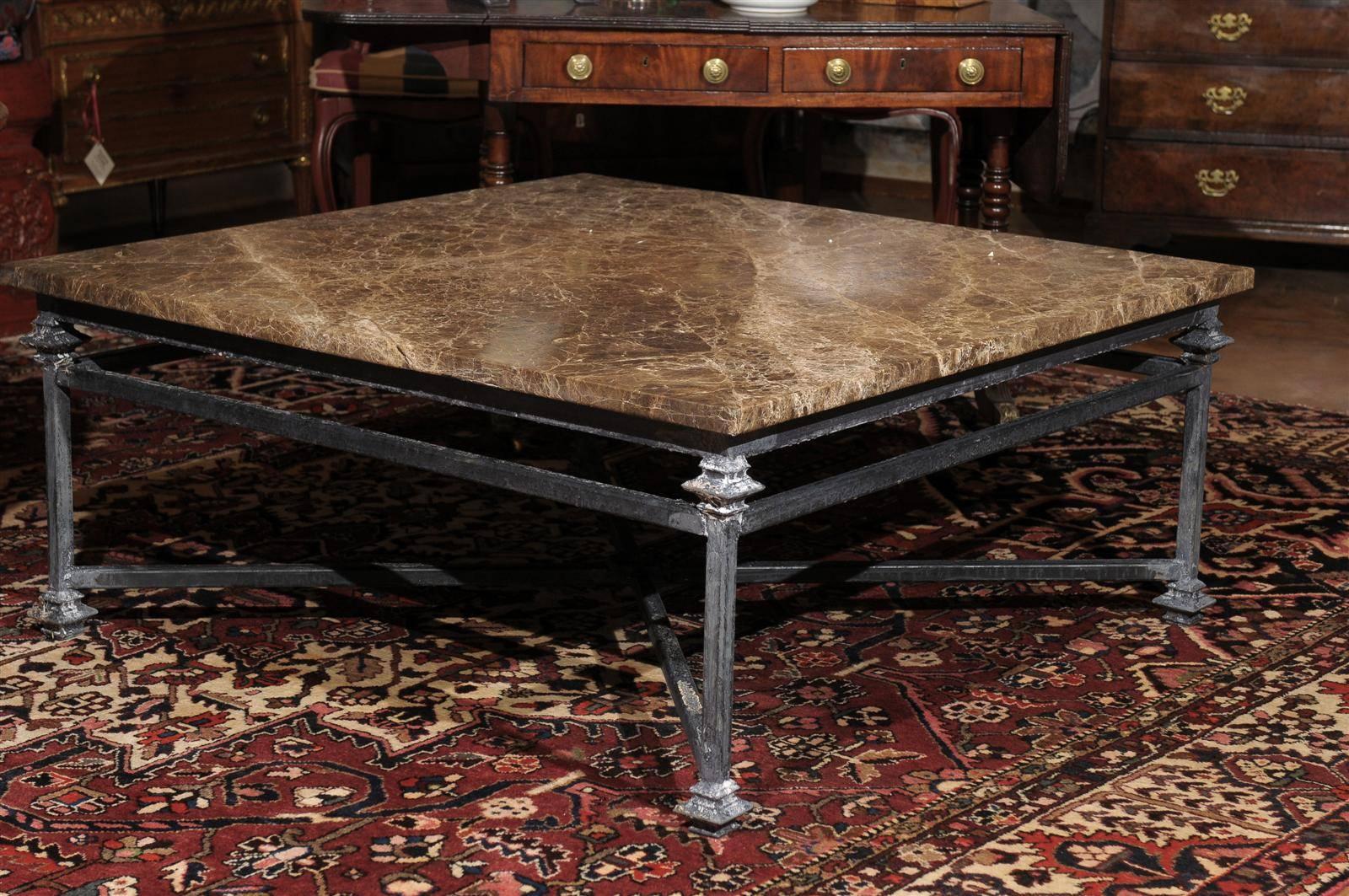 This is a fabulous custom made hand-forged base square coffee table with Emperado marble top.