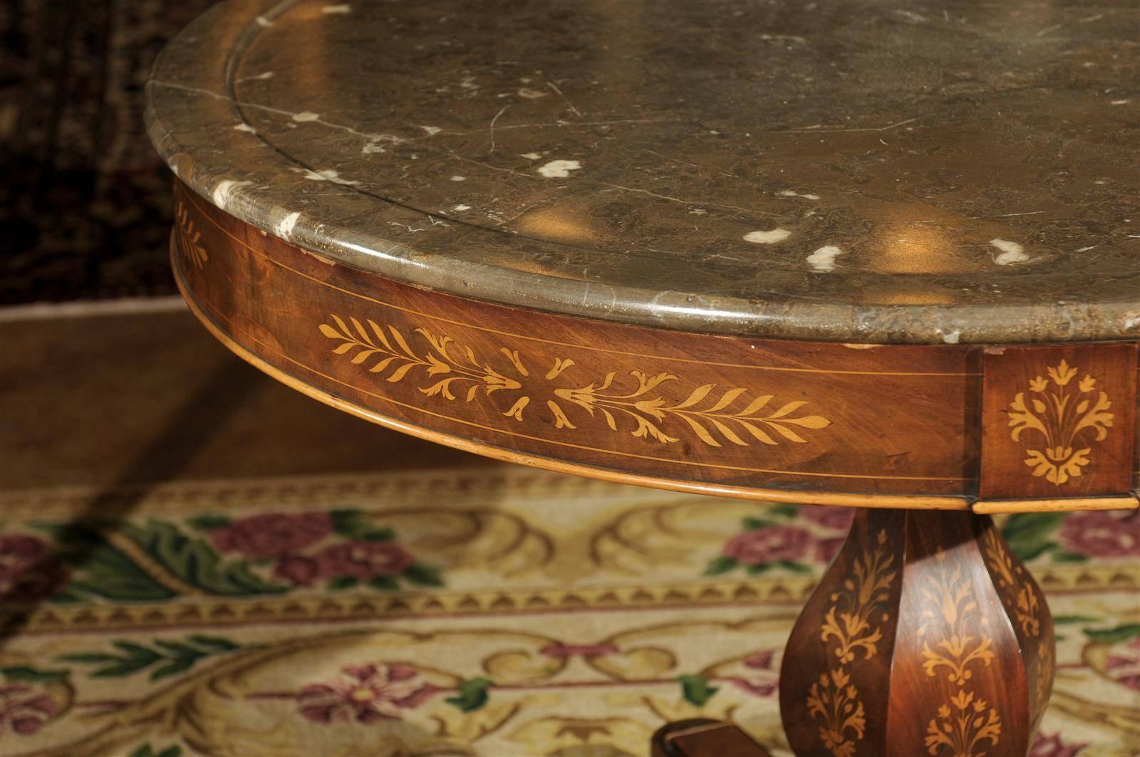 Hand-Carved Charles X Centre Table with Inlay and Original Marble, circa 1840