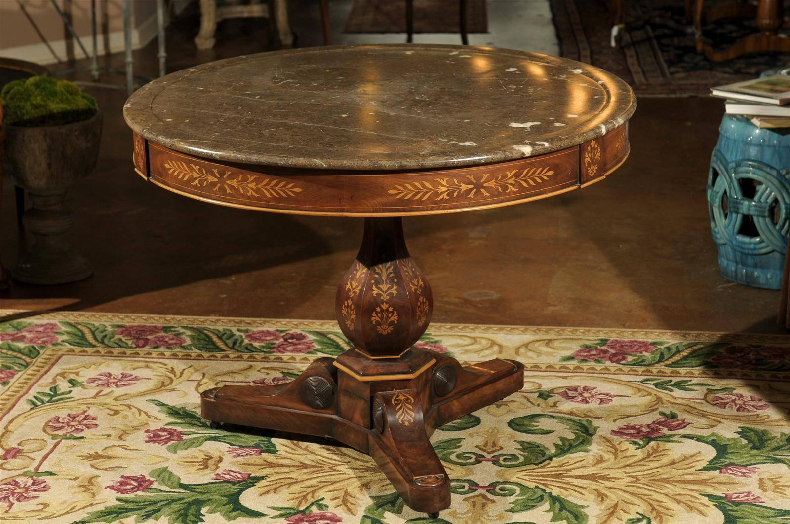 19th Century Charles X Centre Table with Inlay and Original Marble, circa 1840