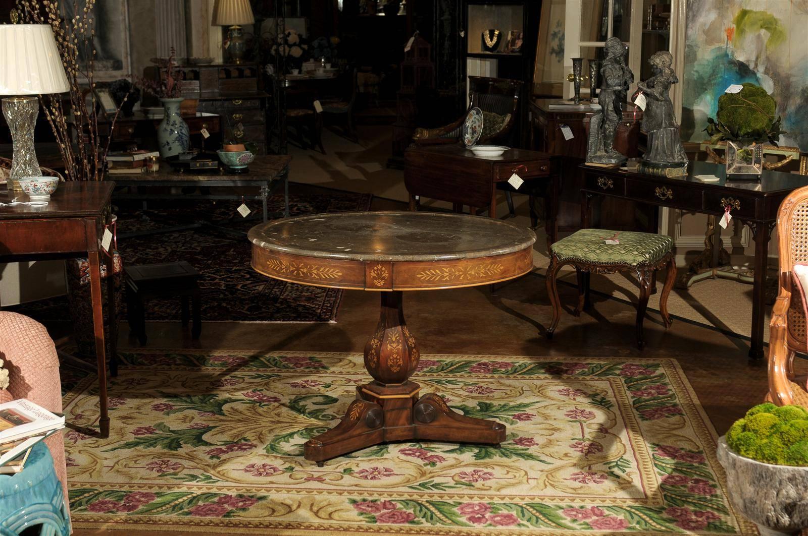 French Charles X Centre Table with Inlay and Original Marble, circa 1840