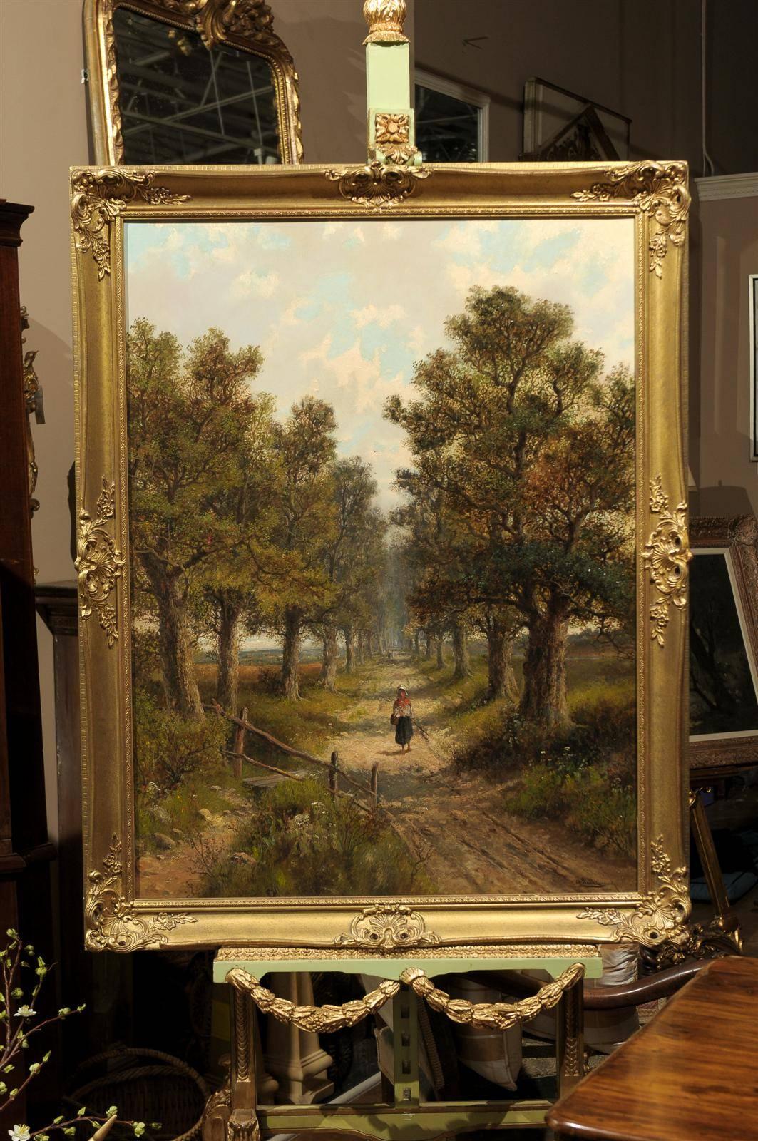 A lovely English landscape of a woman walking down a country path 
aligned by trees.
By: A Hulk, Jr., born in 1851. Signed oil painting. He was a British visual artist. He lived most of his life in Southern England painting traditional landscapes.