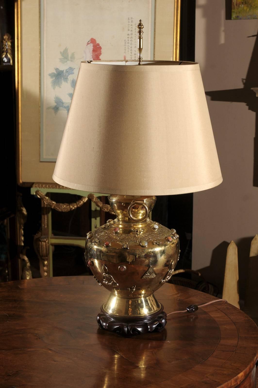 Exceptional Brass Table Lamp with Natural Gemstones In Excellent Condition In Chamblee, GA