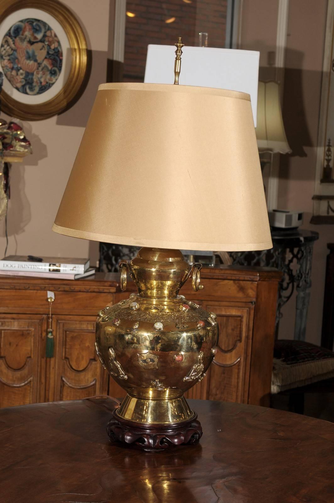 Exceptional Brass Table Lamp with Natural Gemstones 3