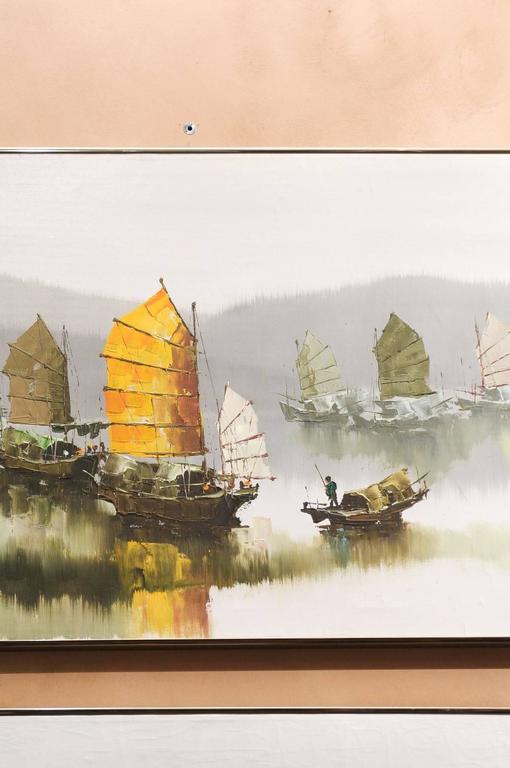 Pair of Hong Kong Harbor Oil Paintings in Neutral Colors by F.E. Cheang