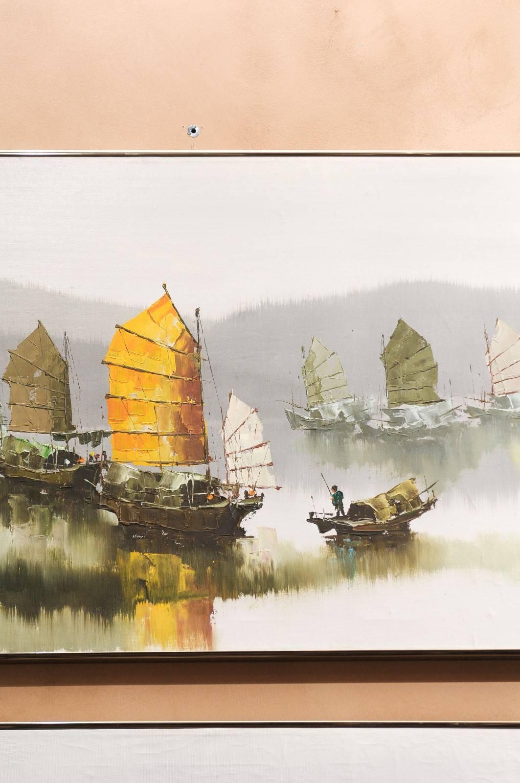 Canvas Pair of Hong Kong Harbor Oil Paintings in Neutral Colors by F.E. Cheang For Sale
