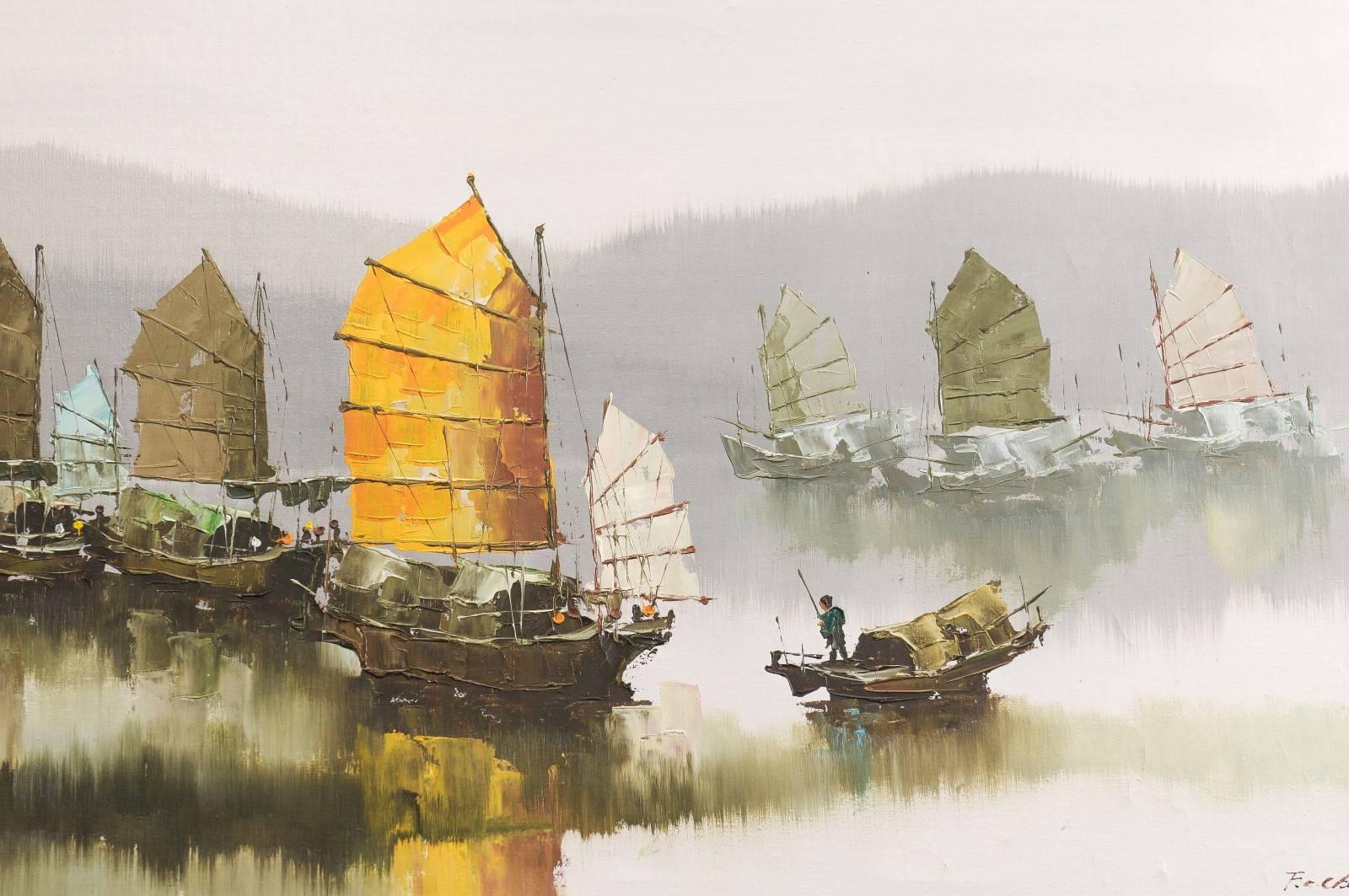 Other Pair of Hong Kong Harbor Oil Paintings in Neutral Colors by F.E. Cheang For Sale