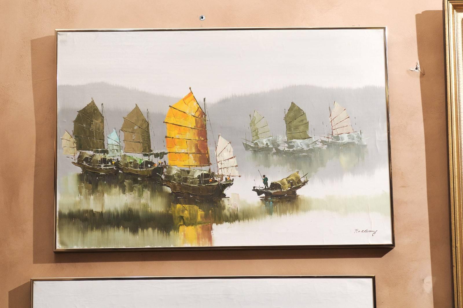 Pair of Hong Kong Harbor Oil Paintings in Neutral Colors by F.E. Cheang In Good Condition For Sale In Chamblee, GA
