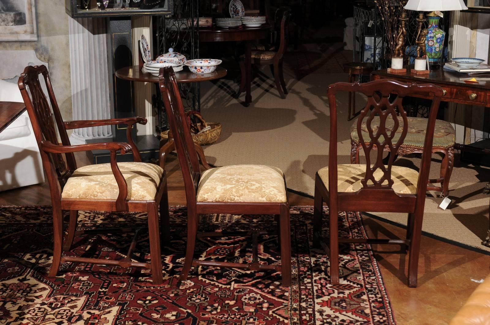 Damask Set of Eight Mahogany Chippendale Dining Chairs