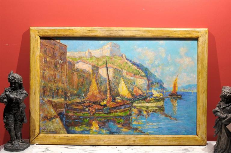 This oil on canvas has wonderful colors. It is framed with a heavy antiqued wood frame. There are two signatures on the left which appears to be Capvi Ce poet and Antoine Fezzncci.