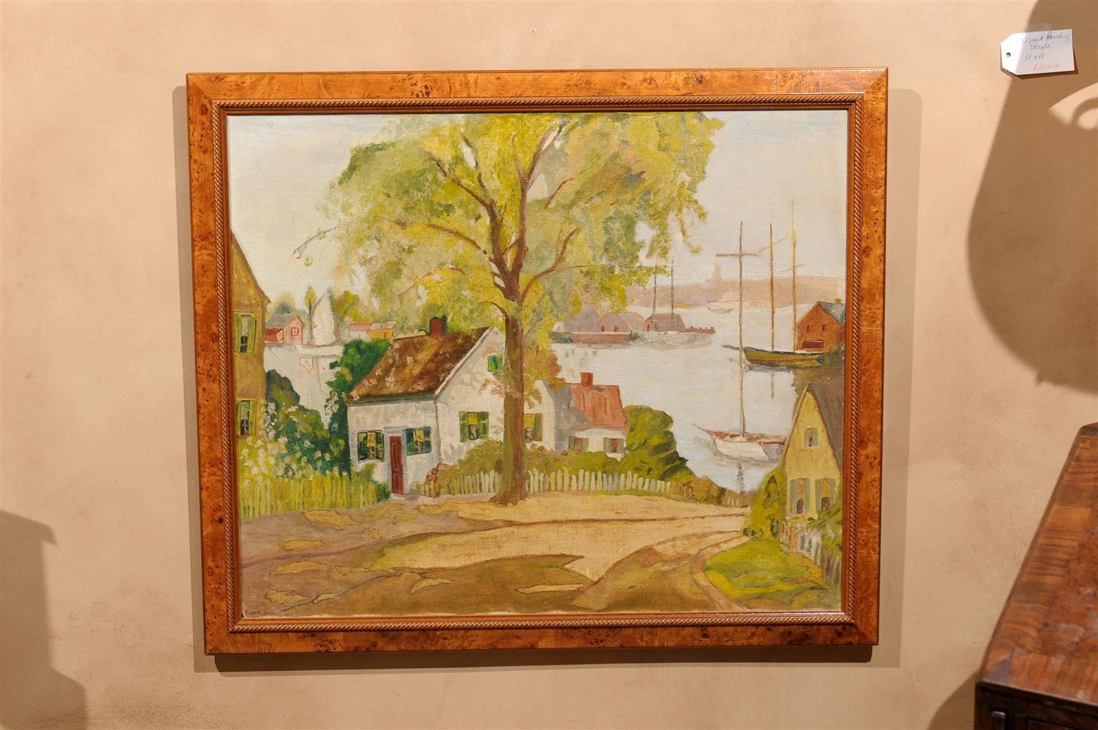 An oil on canvas. A very cottagy sea village landscape with sailboats in the distance.  A little primitive and painted in soft colors, extremely peaceful. The frame is made from burl wood. It is signed but illegibly.