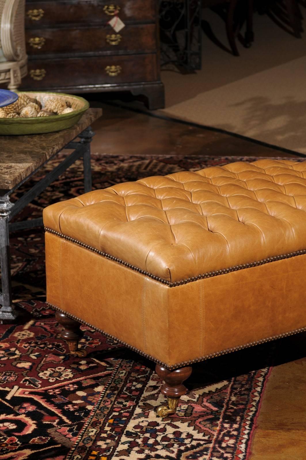 Brass Leather Tufted Storage Ottoman
