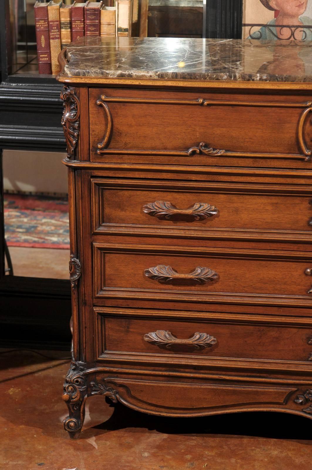 Carved French Louis XV Style (1880-1890) Chest of Drawers with Drop Down Leather Desk