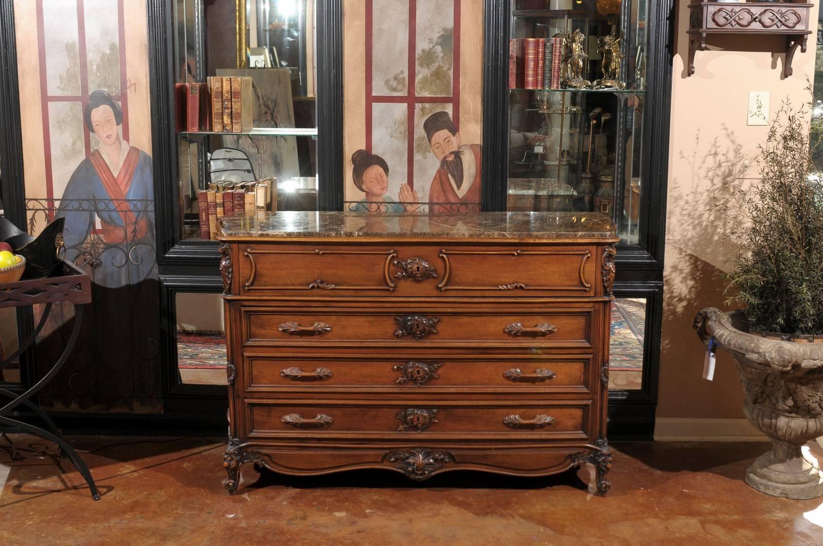 French Louis XV Style (1880-1890) Chest of Drawers with Drop Down Leather Desk 3