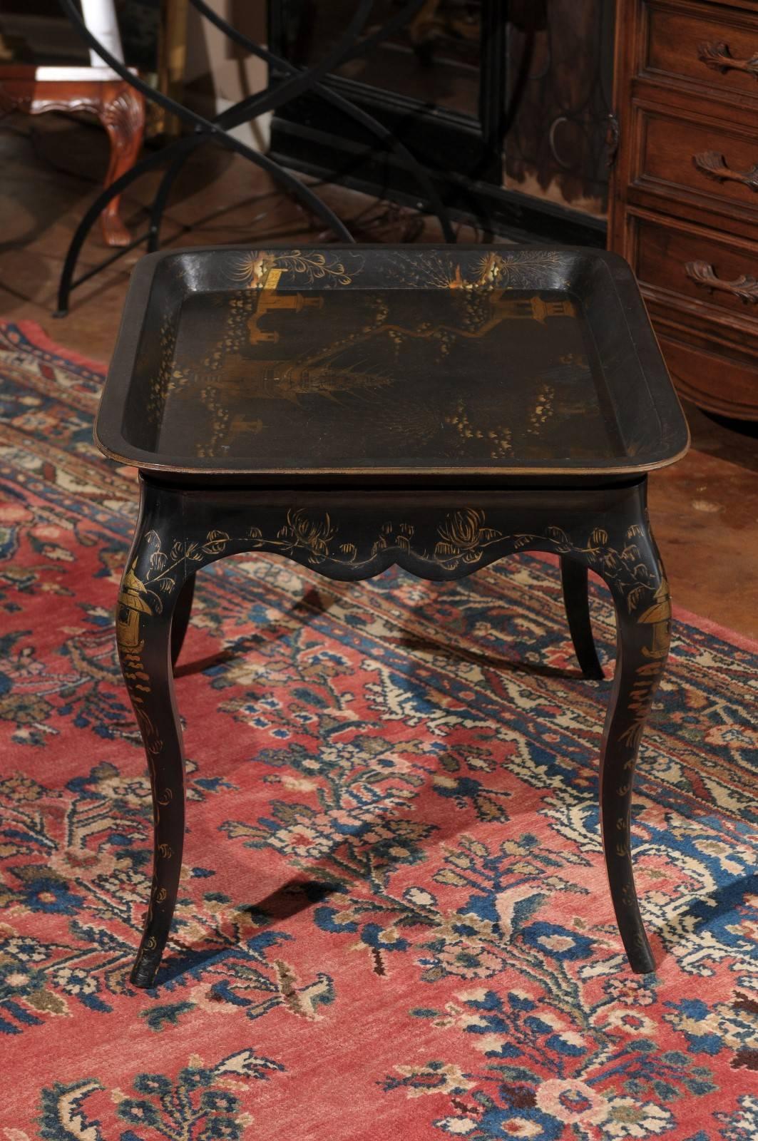 Paint Black Lacquered Chinoiserie Paper Mâché Tray on Wooden Stand