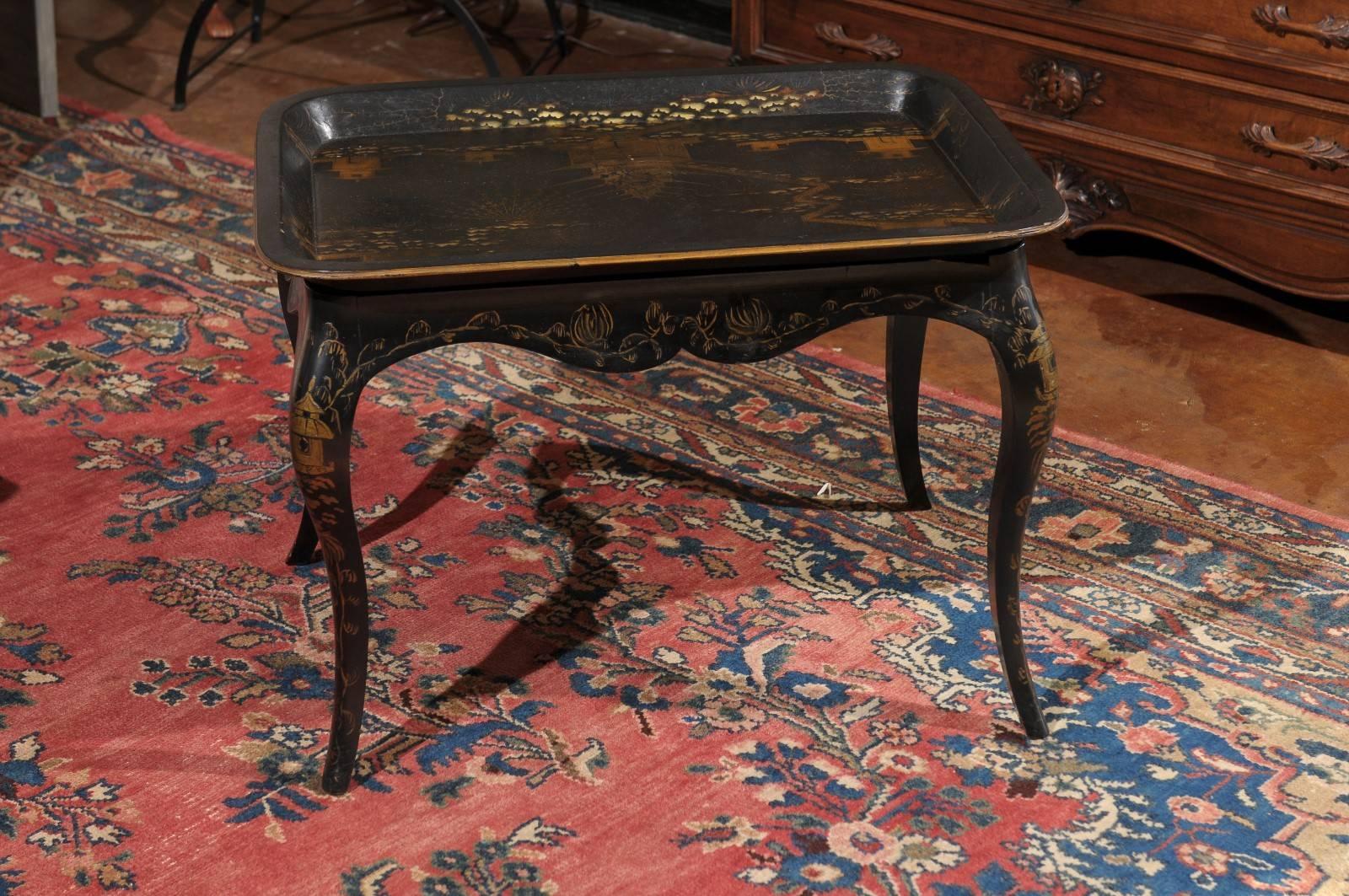 Black Lacquered Chinoiserie Paper Mâché Tray on Wooden Stand 2