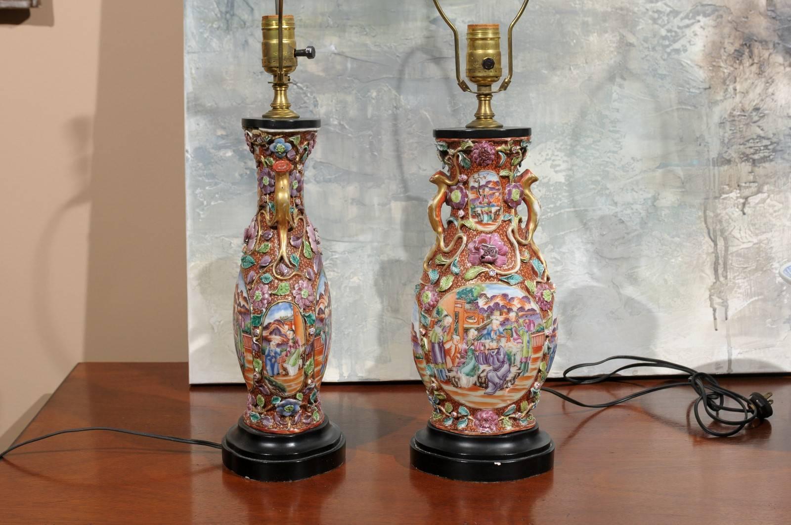 Mid-19th Century Pair of Antique Rose Mandarin Lamps
