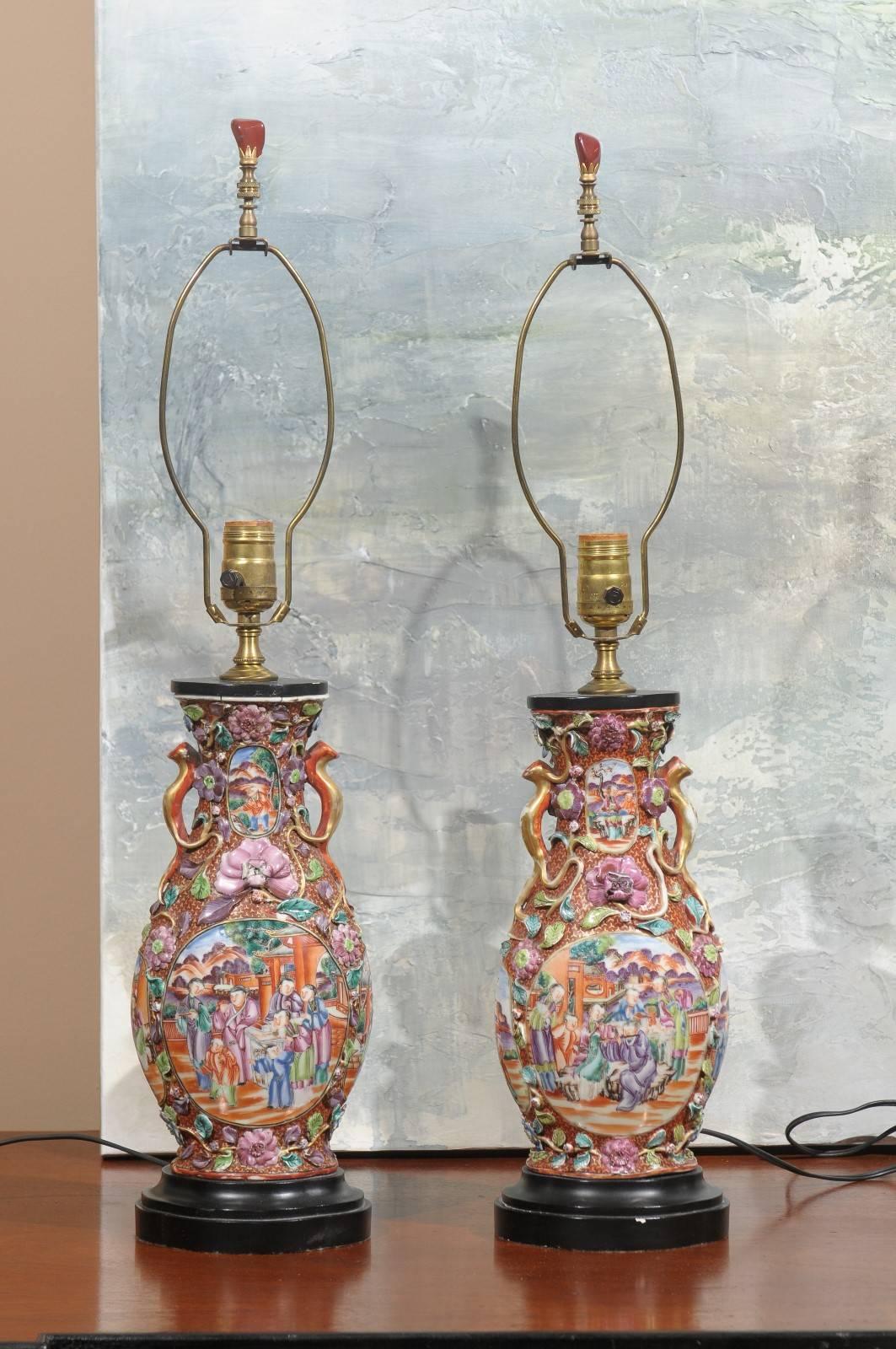 Chinese Export Pair of Antique Rose Mandarin Lamps