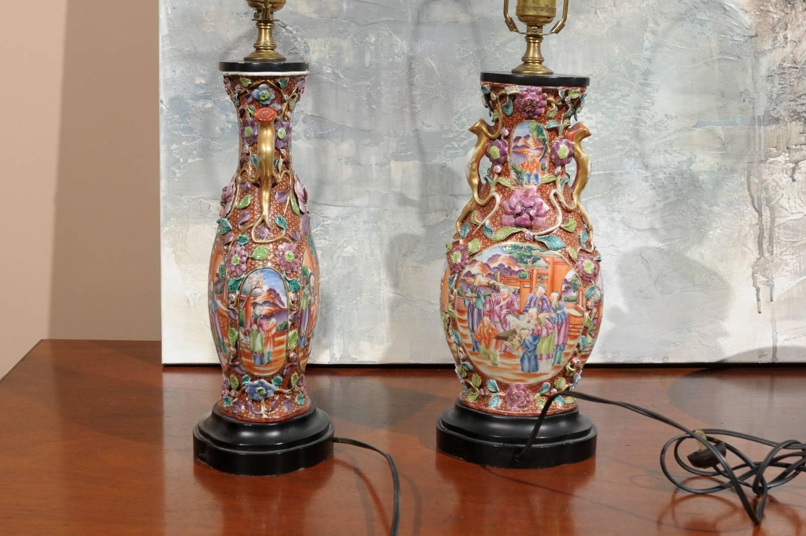 Pair of Antique Rose Mandarin Lamps 1