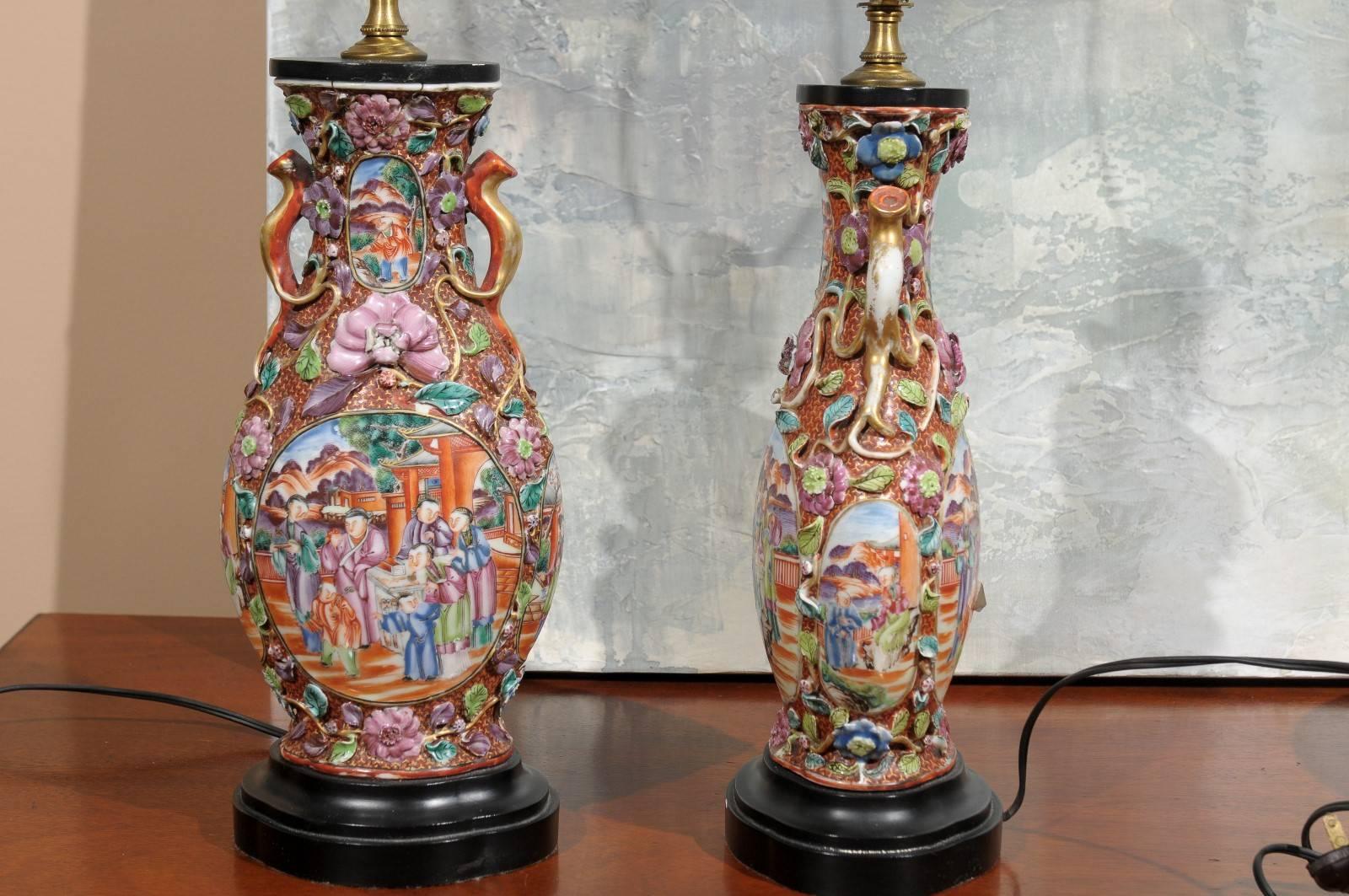 Chinese Pair of Antique Rose Mandarin Lamps