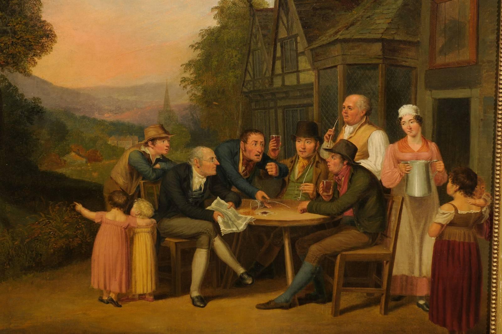 An unsigned oil on canvas of an exterior scene of men sitting around a table. Pretty landscape in the background.