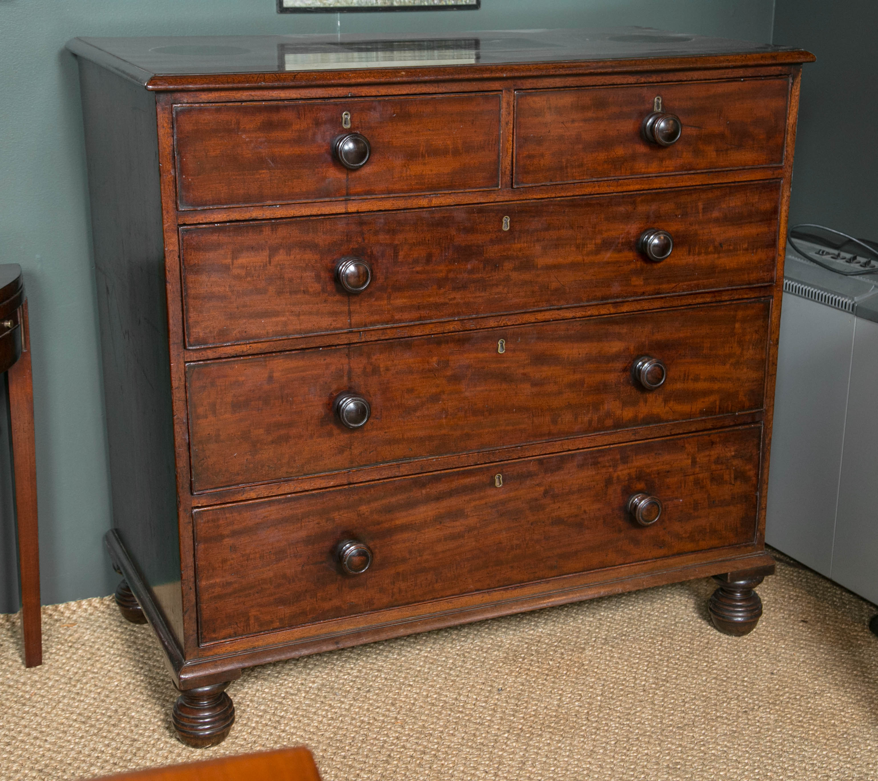 Solid Mahogany Five-Drawer Chest on Ringed Bun Feet For Sale