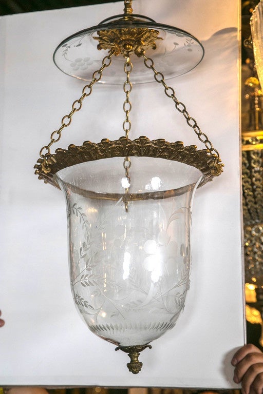 1930s Italian etched glass lantern with interior lights. Four available.