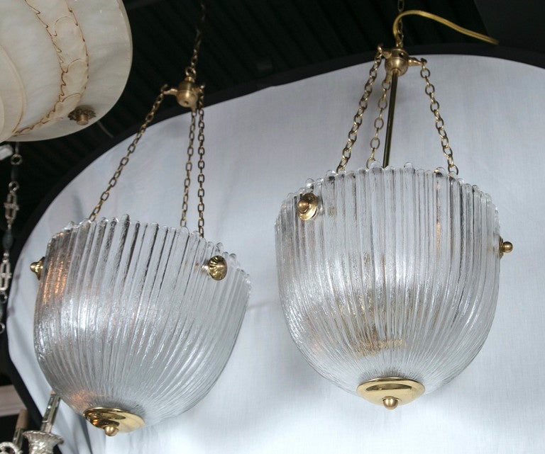 Pair of 1930s French Molded Frosted Glass Lanterns