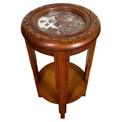 Antique Round Wood Art Deco Table with Deep Red Marble and Hand Carved Flowers