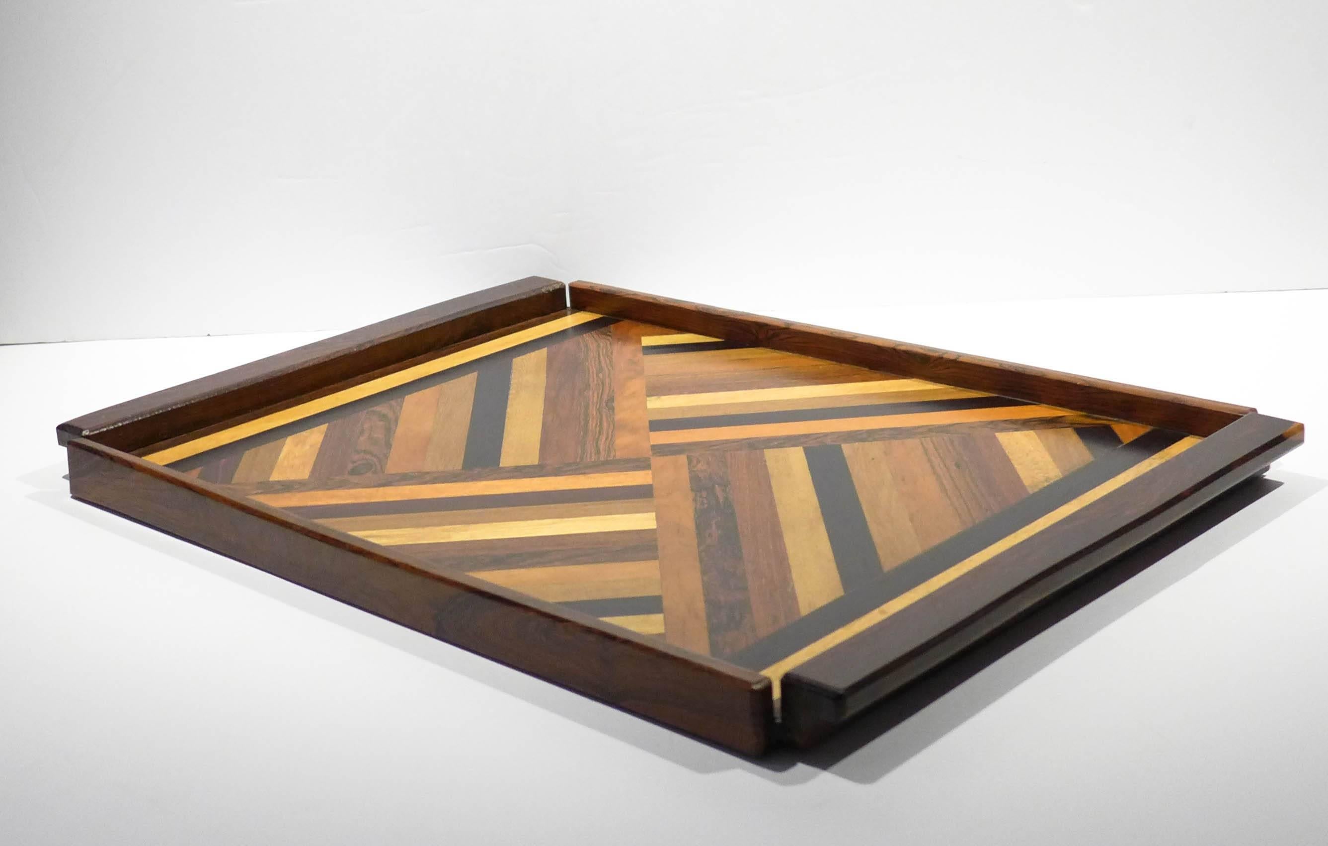 Large tray with cocobolo edges and a mix of exotic tropical woods in a marquetry pattern. By expat designer Don Shoemaker, produced at his Senal, S.A. studio, Morelia, Mexico, circa 1960s. Retains original label.